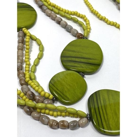 Necklace Statement Green Beige Multi Strands Asymmetric 36” - Picture 3 of 6